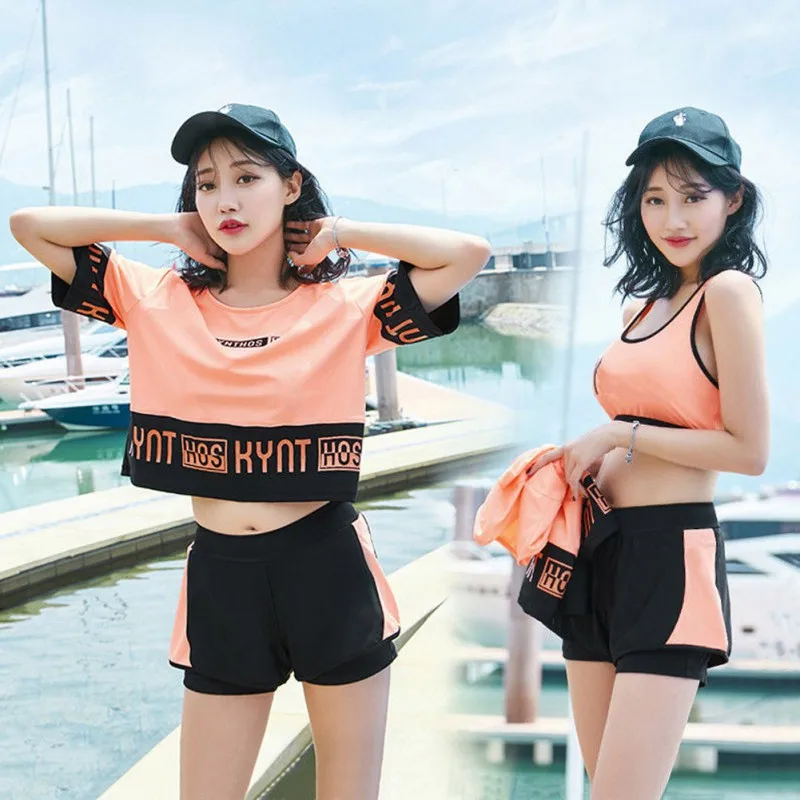 

Women Swimsuit Set Female Short Sleeves Crop Top Mid Waist Shorts Set Beach Boho Suits Summer