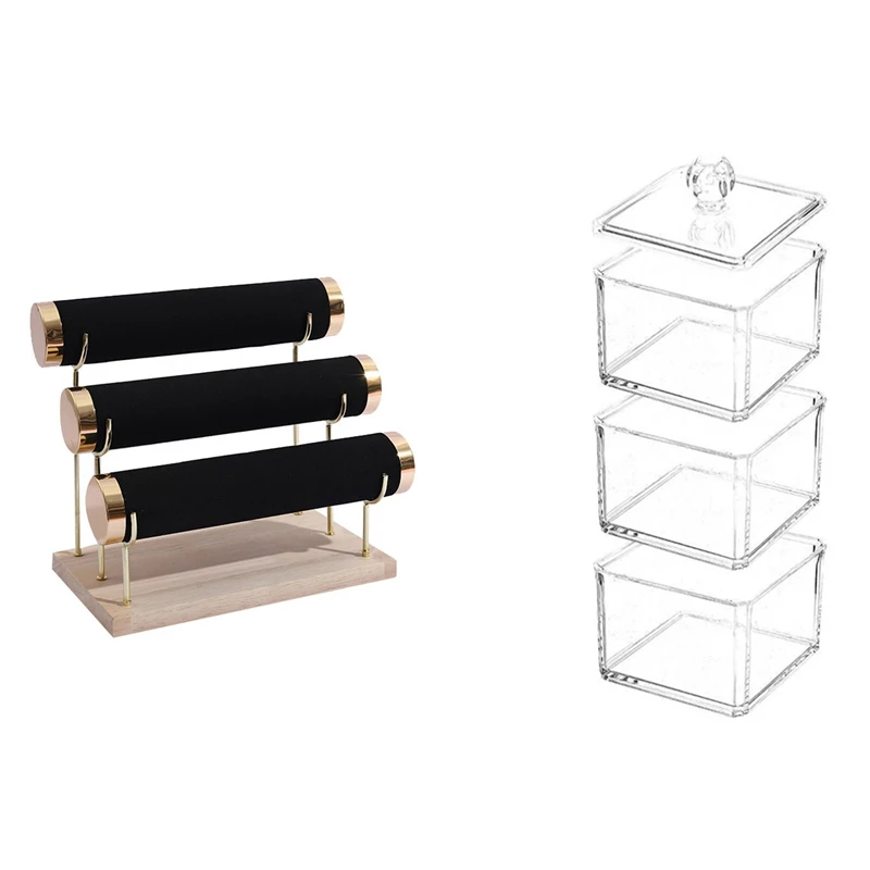 

3-уровневая полка для хранения часов с деревянным дном золотого цвета и трехслойный s-образный пылезащитный прозрачный акриловый держатель ...