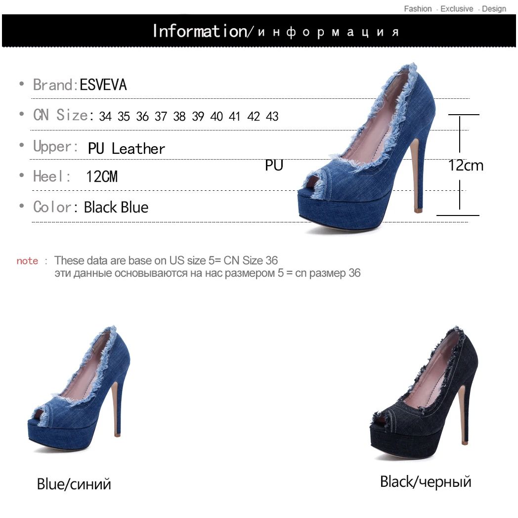 Женские туфли-лодочки без застежки ESVEVA джинсовые туфли на тонком очень высоком