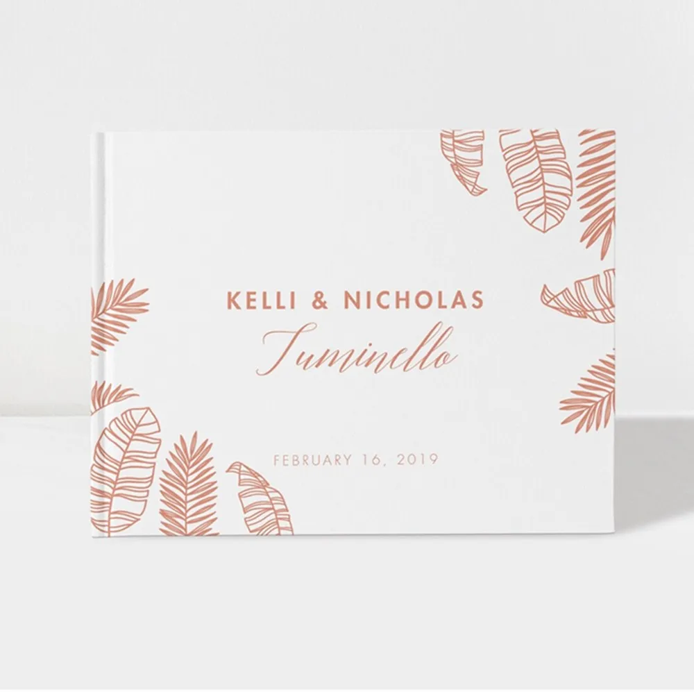 

Tropical Wedding Guest Book, Palm Leaves Wedding Guestbook, White and Rose Gold bridal shower cutom Color Choices Available,