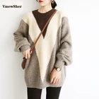 Элегантный цветной вязаный женский свитер VmewSher, джемпер, Зимние Модные женские свободные пуловеры оверсайз с круглым вырезом, вязаный Топ