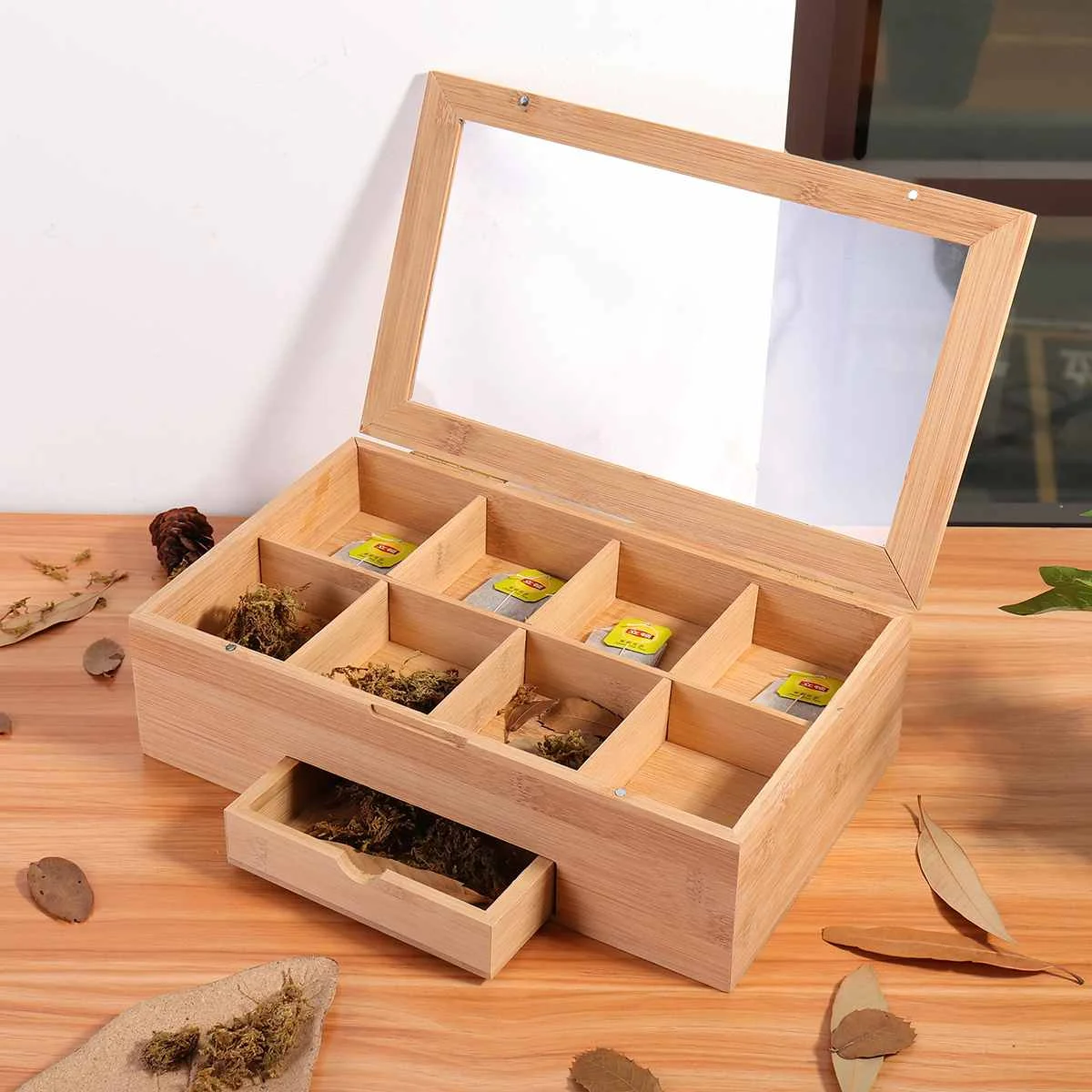 

Natural Wood Tea Caddies Tea Bag Jewelry Organizer Chest Storage Box 8 Slots Tea Box Wood Sugar Packet Container With Drawer