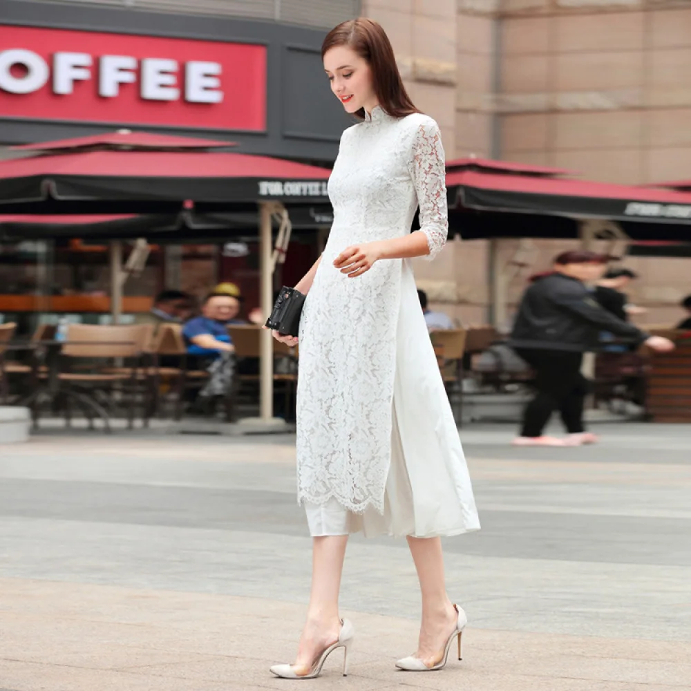 

Women Improved Cheongsam Long Dress Chinese Traditional Solid Color Hollow Lace Qipao for Bride Wedding Party