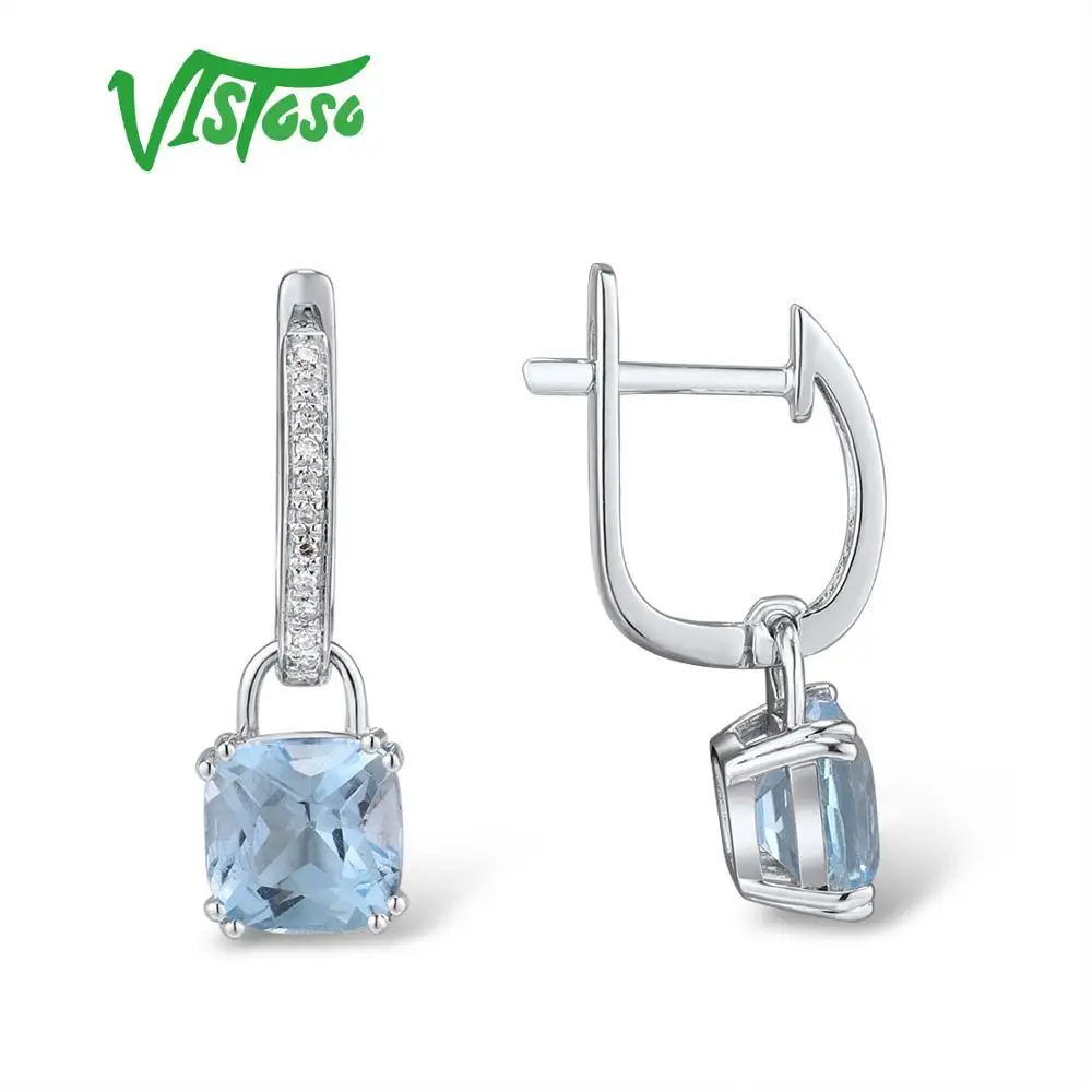Серьги VISTOSO, золотые, для женщин, Аутентичные, 14 K, 585, белое золото, Блестящий Бриллиант, лимпид, небесно-голубой топаз, классические серьги, ювелирные украшения