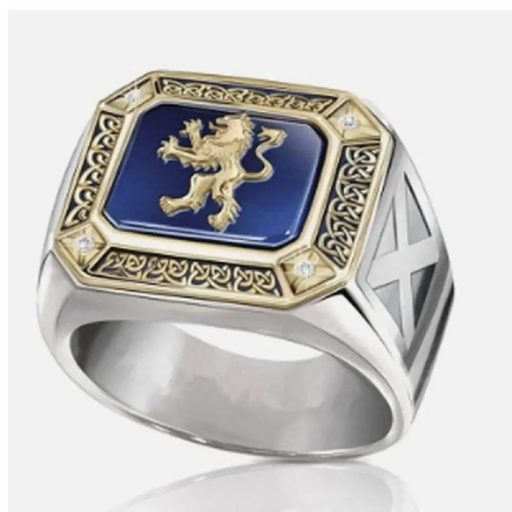 

Vintage Trendy Gold Color Two-tone Ring Scotland Forever Lion for Men's Punk Hip Hop Band Party Wedding Cool Finger Jewelry Gift