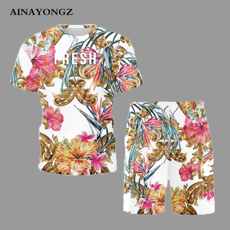 2022 Summer Men Clothing Vintage Flowers Print Short Sleeve and Shorts Suit Fashion O-neck T-Shirt Set Beach Casual Male Outfit