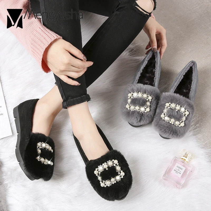 Из флиса на плоской подошве Зимняя женская обувь с кристаллами меховые Мокасины