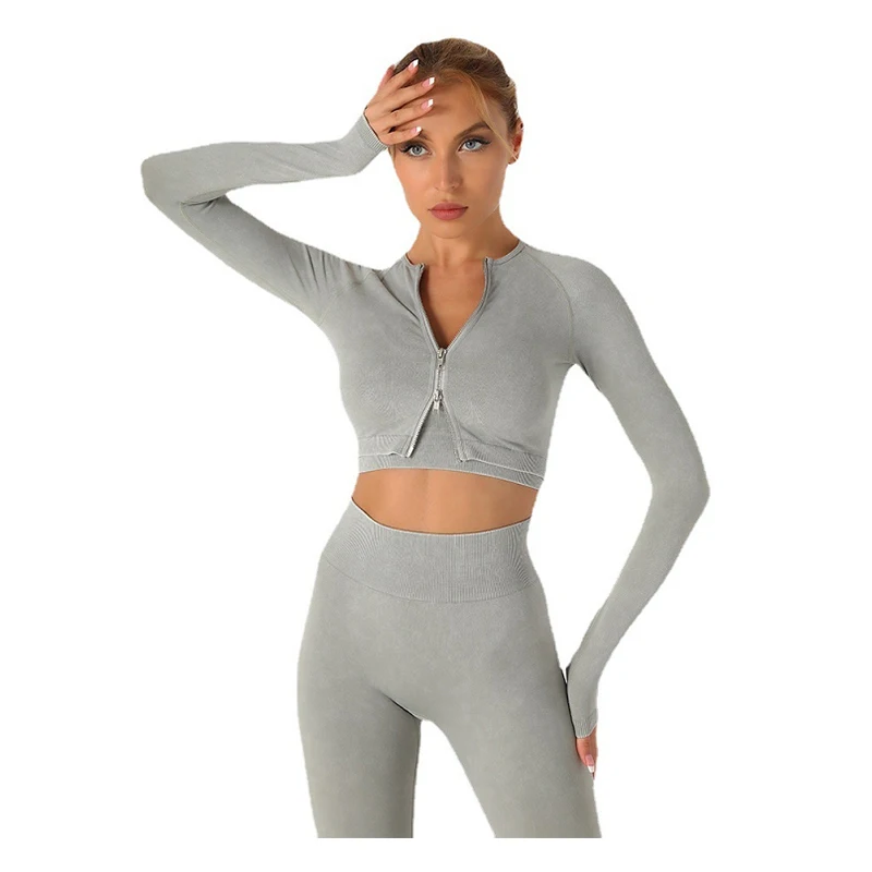 

Комплект спортивной одежды для йоги, женская спортивная одежда с длинным рукавом, топ на молнии, леггинсы, костюм для фитнеса, тренировок, сп...