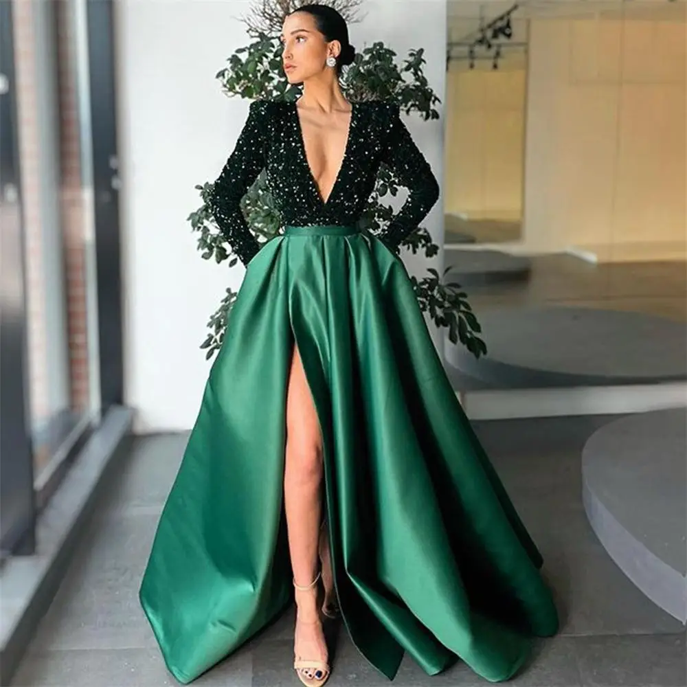 

Elegant Green Satin Deep V-neck Sequined Long Sleeve Prom Dress Formal Party Dress