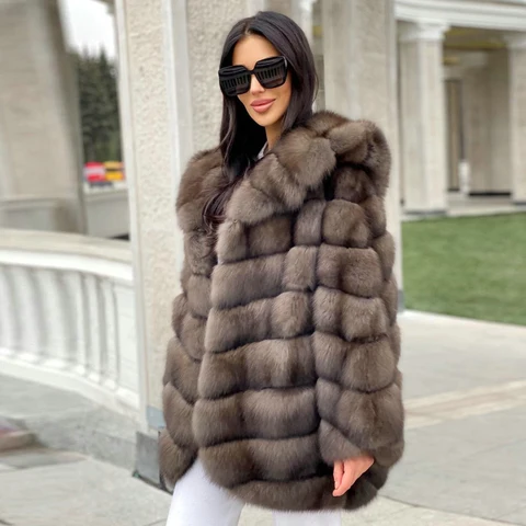 Женская куртка средней длины из натурального Лисьего меха с капюшоном, пальто из натурального Лисьего меха, плотное теплое меховое пальто для женщин