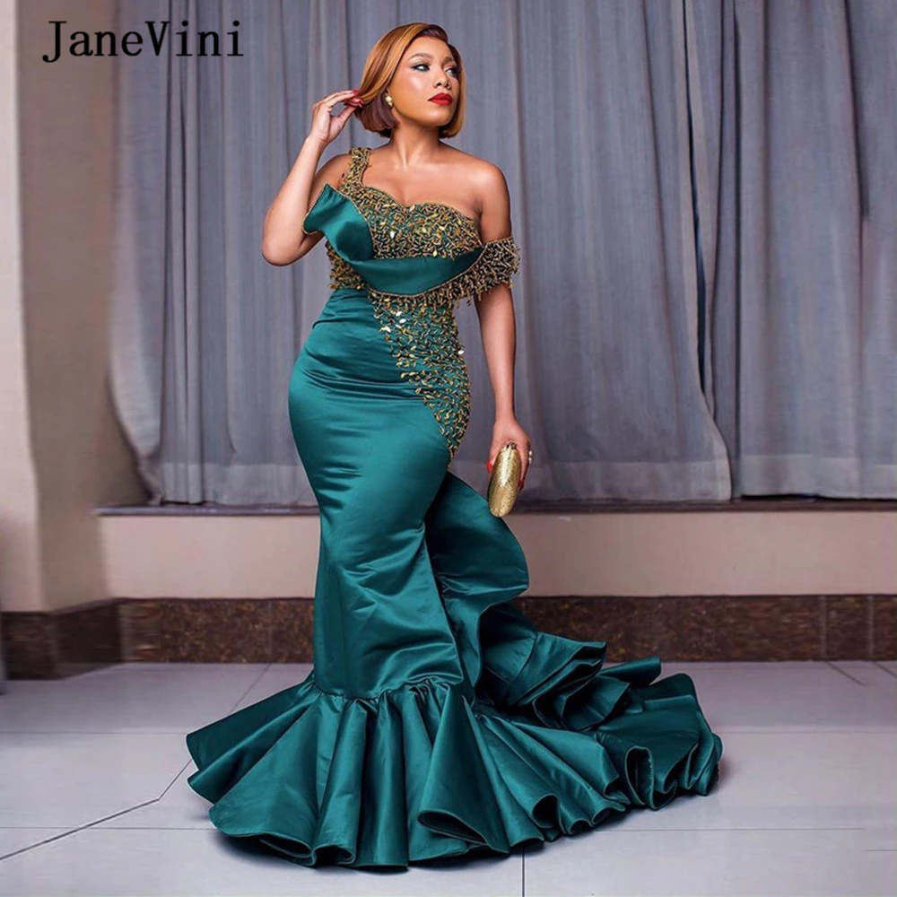 

JaneVini Luxury One Shoulder Mermaid Long Evening Dresses 2020 Sequined Beaded Ruffles Skirt Satin Plus Size Dubai Party Dress