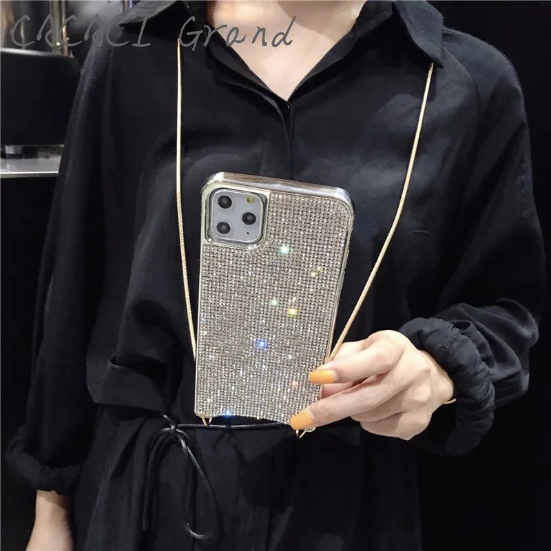 Роскошный чехол с блестящими бриллиантами для apple iphone xs 11 pro max XR X 7 8 6S 6 PLUS, чехол с металлическим ожерельем через плечо