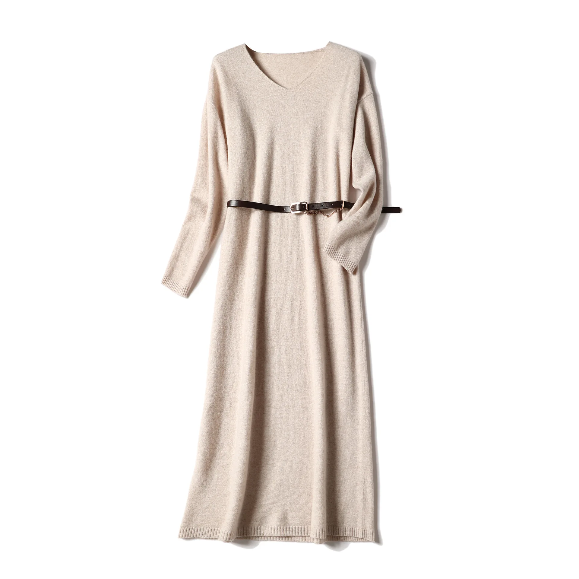 

Женское вязаное шерстяное платье, свободное платье-свитер средней длины с длинными рукавами и V-образным вырезом, Осень-зима 2023