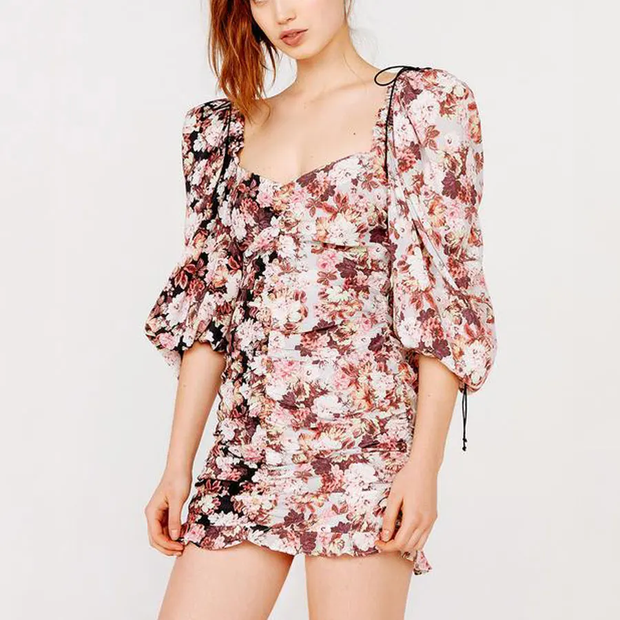 Женское платье с цветочным принтом лоскутное высокой талией и пышными рукавами