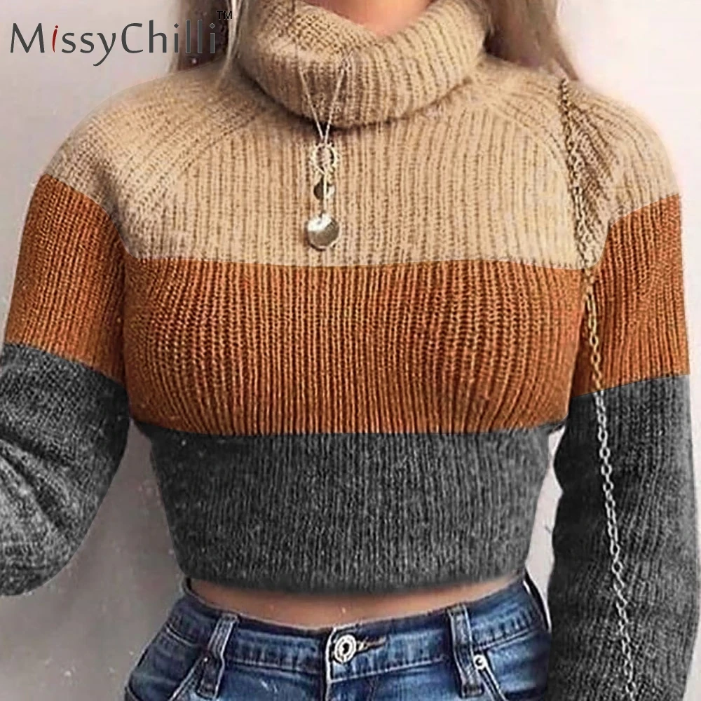 MissyChilli вязаный пуловер с высоким воротником в полоску с длинным рукавом и высоким воротником, женский свитер на осень и зиму, модный свитер в уличном стиле