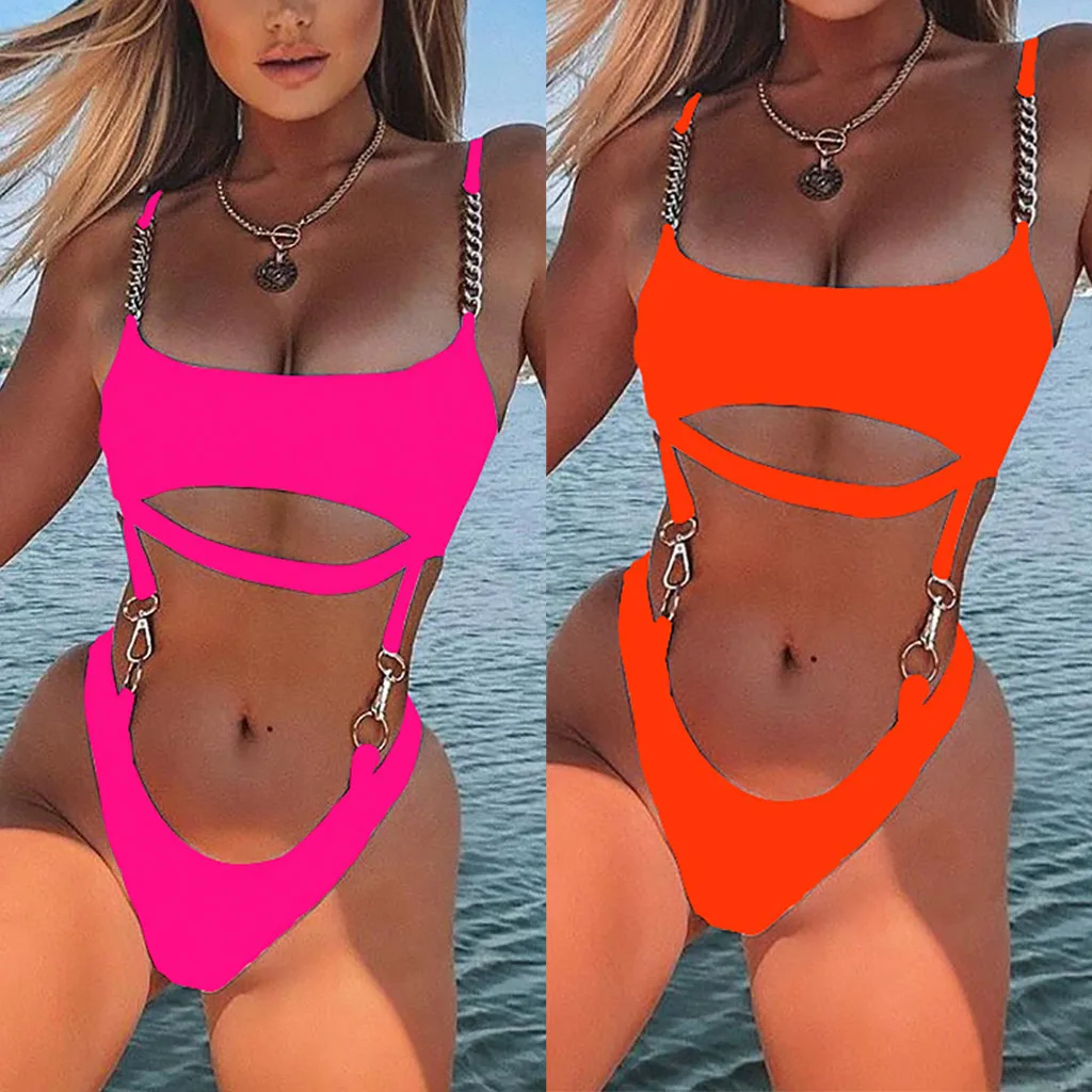 

Brazilian Plus Size Chain Swimsuit String Monokini 2021 Sexy Neon High Cut Bikini Bandeau Swimwear Ring Chain Bodysuits Swimming