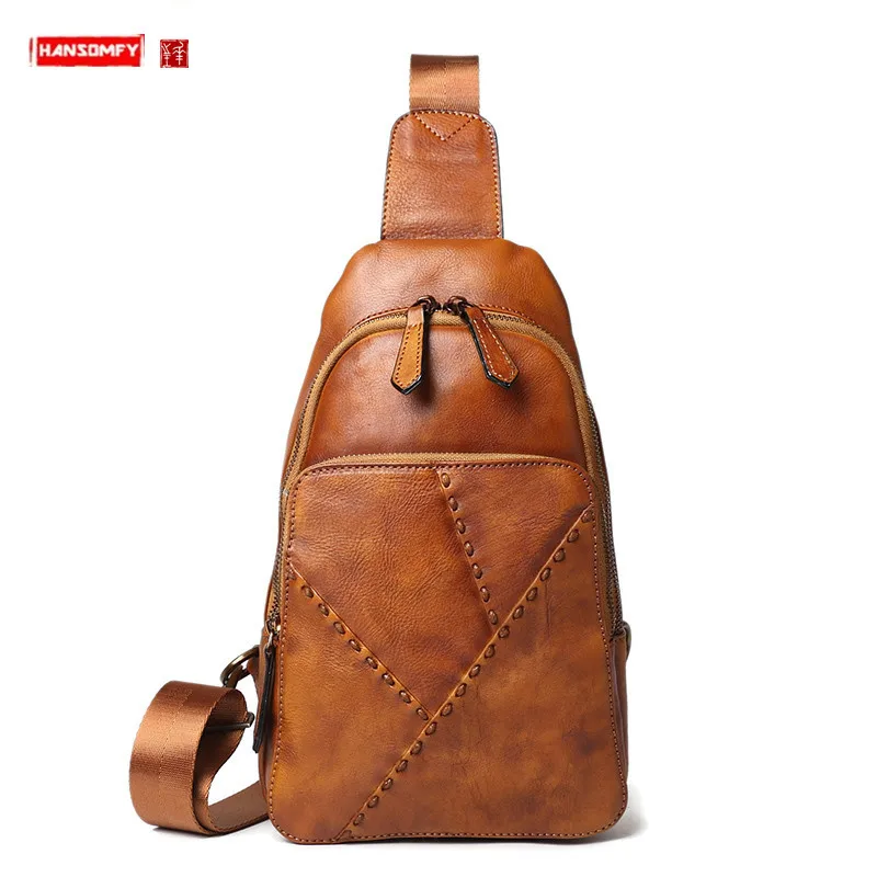 Genuine Leather Men's Chest Bag Cowhide Men Bag Casual Messenger Bag Fashion Shoulder Bag Retro Korean Version Small Vintage