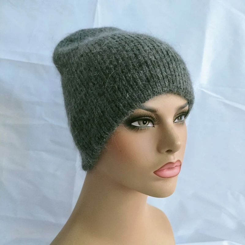 

2021 Rabbit Fur Winter Hat for Women Solid Beanie Cashmere Wool Cap Female Knitted Skullies Beanies Warm Soft Knit Hat Bonnet