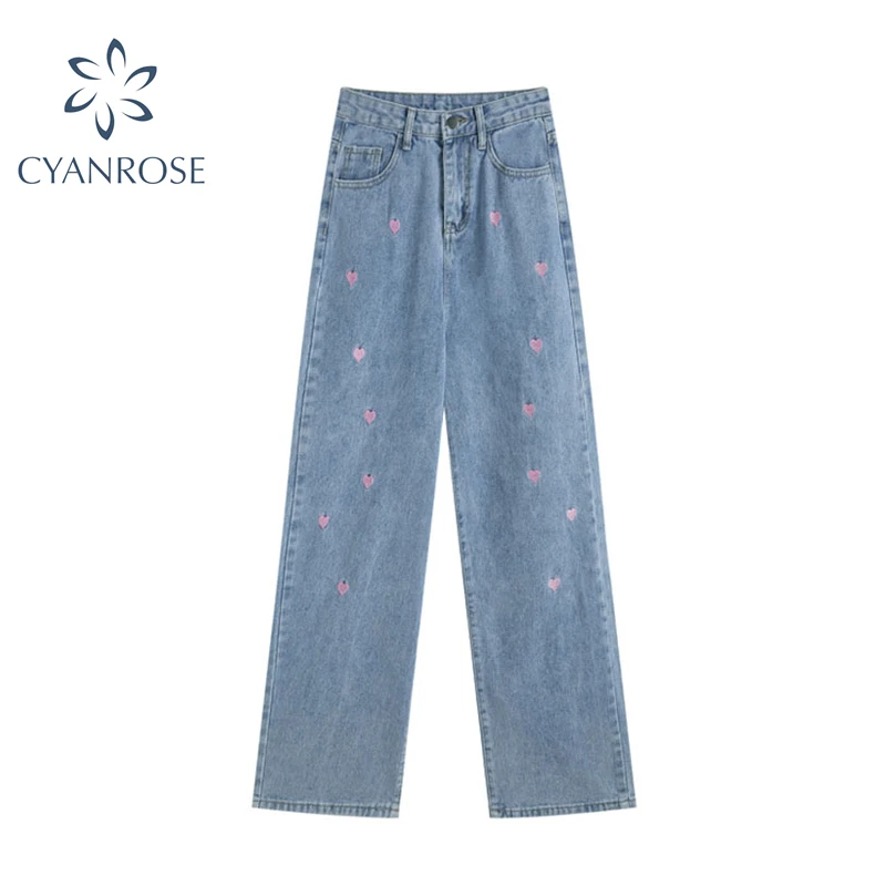 

Women Jeans Heart Pattern Fashion Harajuku Pant 2021 Autumn High Waist Vintage Wide Leg Straight Y2K Streetwears Denim Trousers