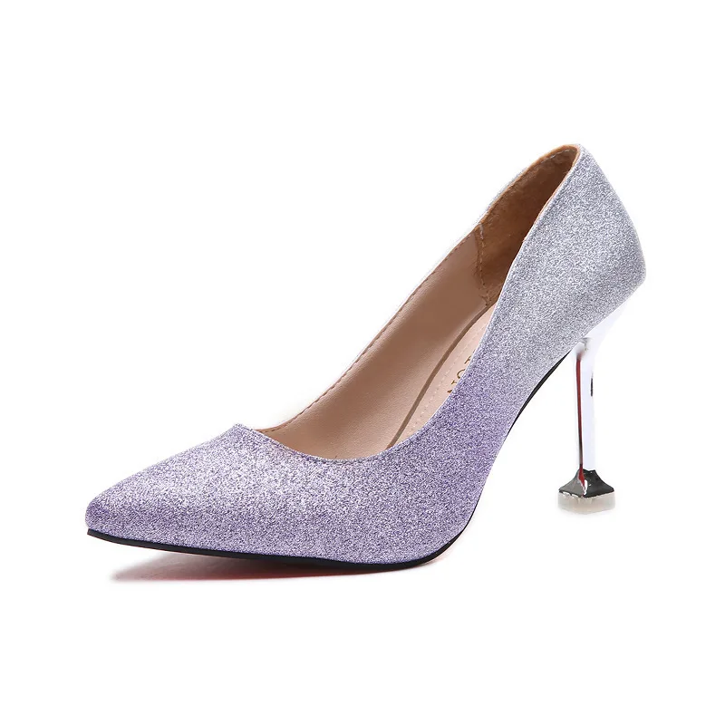 

New Style Pointed Sequined High Heels Women's Chic Pumps Pink Gradient Purple Spring And Autumn Wedding Shoes 2021 Women's Dress