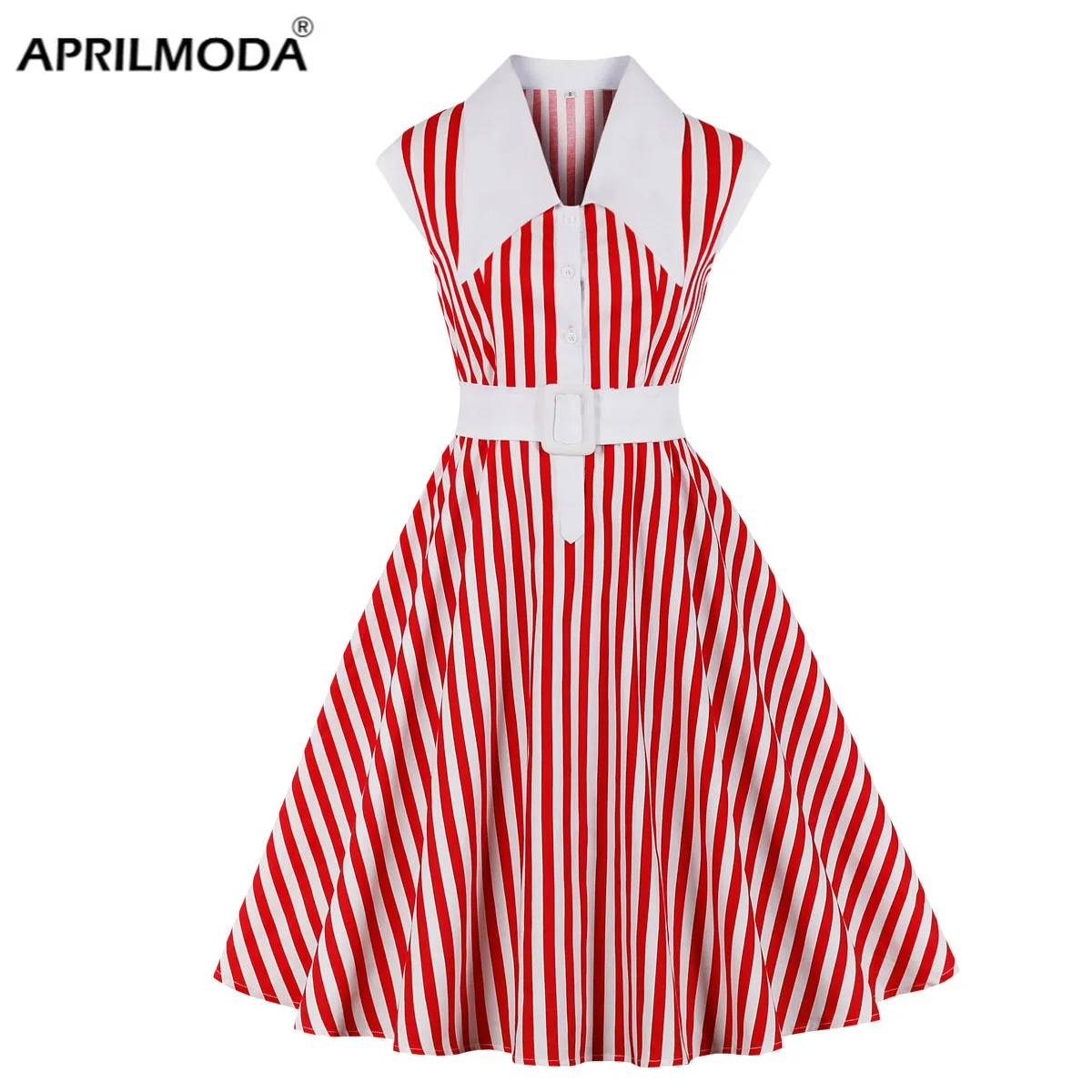 2020 Полосатое летнее женское платье с отложным воротником Красного размера плюс