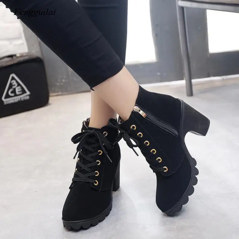 New Spring Winter Women Pumps Boots High Quality Lace-Up European Ladies Shoes Pu High Heels Boots Fast Delivery