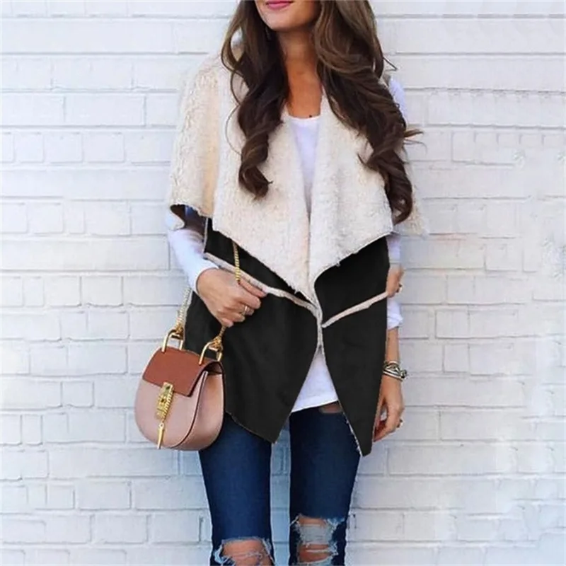 Женский кардиган без рукавов теплая Лоскутная куртка с воротником-хомутом и