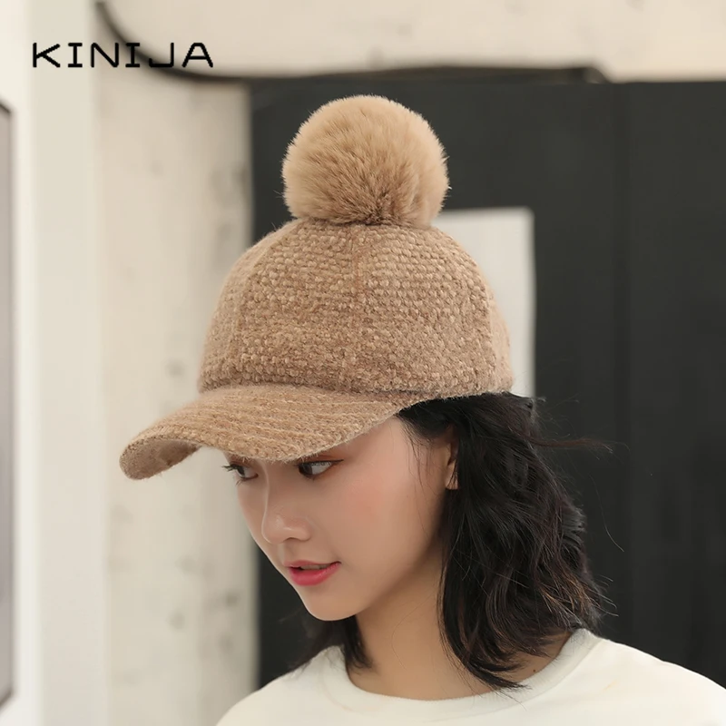 Модная шапка для девочек осенне зимняя со съемным меховым помпоном бейсболка