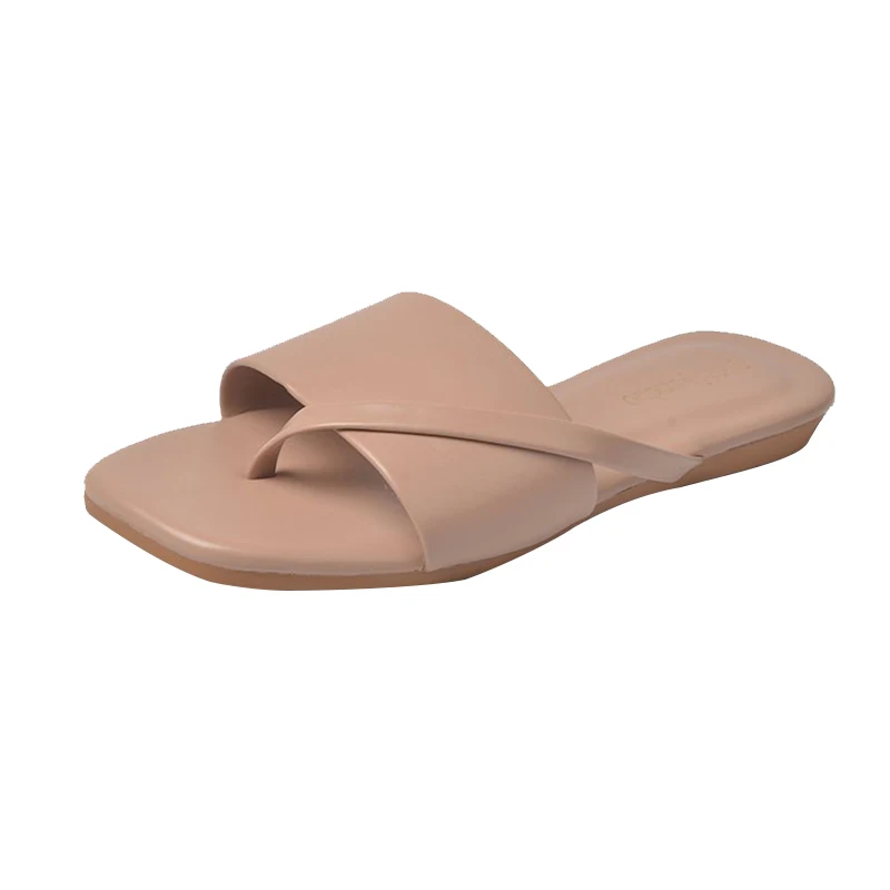 

2021 Women Toe Clip Slippers Fresh and Candy Color Wear Flat Bottom Style PU Leather Slide Shoes Slipper Women