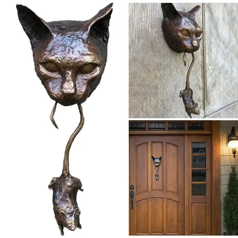 

1PC Cat And Mouse Door Knocker Or Wall Resin Ornament Rusty Brown Cast Iron Pest Repellent Mouse Metal Statue Protect Plants