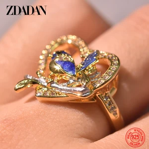 ZDADAN 925 Sterling Silver 18K Gold Heart Shaped Animal Rings For Women Glamour Jewelry Party Gift