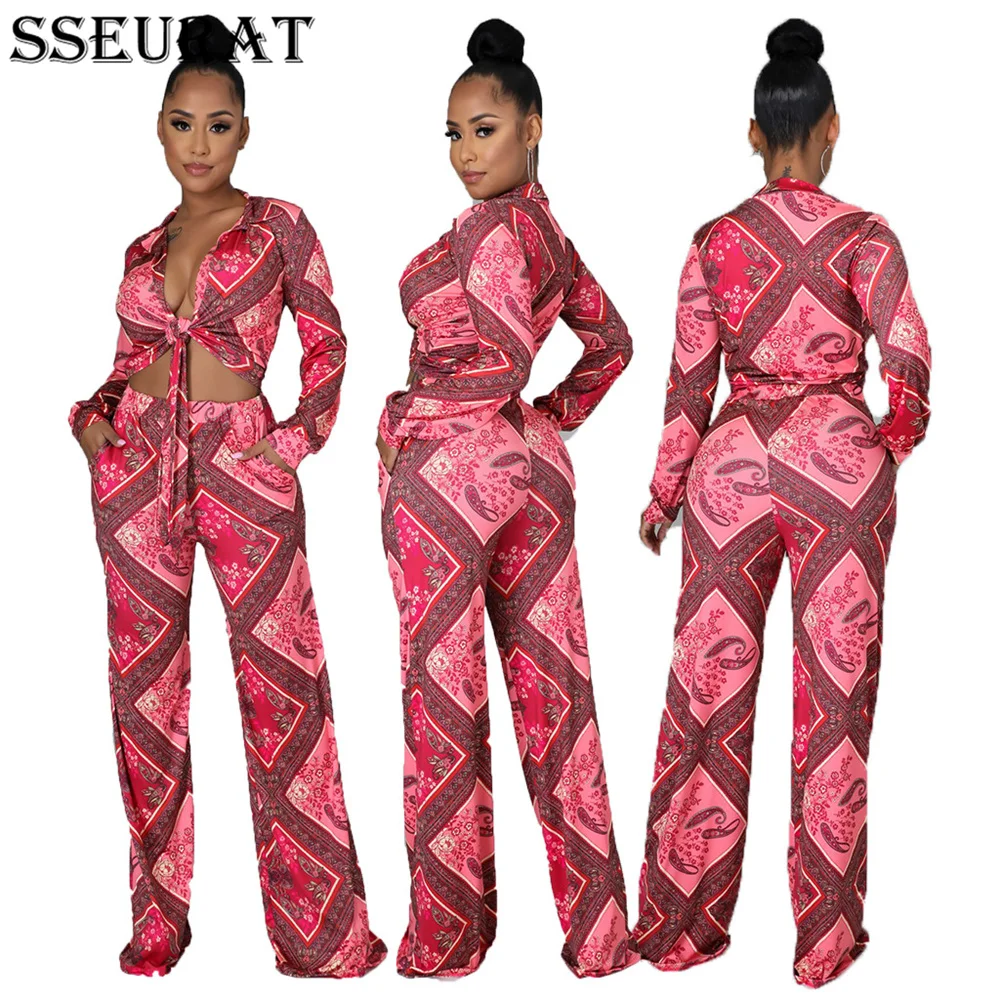 

SSEURAT для женщин комплект ювелирных изделий с широкими рукавами и принтом отложной воротник повязки топы и брюки с широкими штанинами два ко...