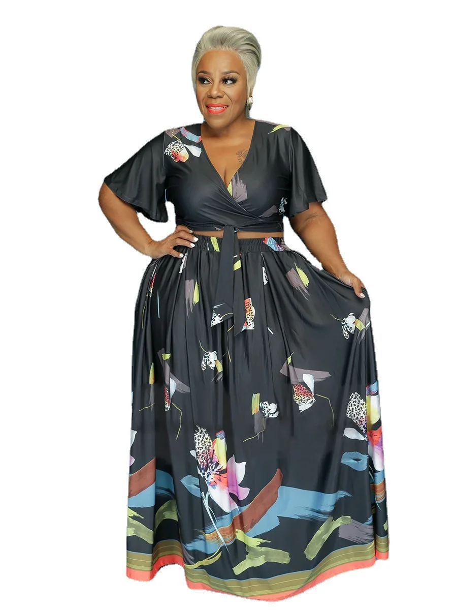 

Plus Size Two Piece Women's Clothes Sexy Deep V Neck Personality Printing Fashion Lace Up Commuter Style Skirt Suit Dropshipping