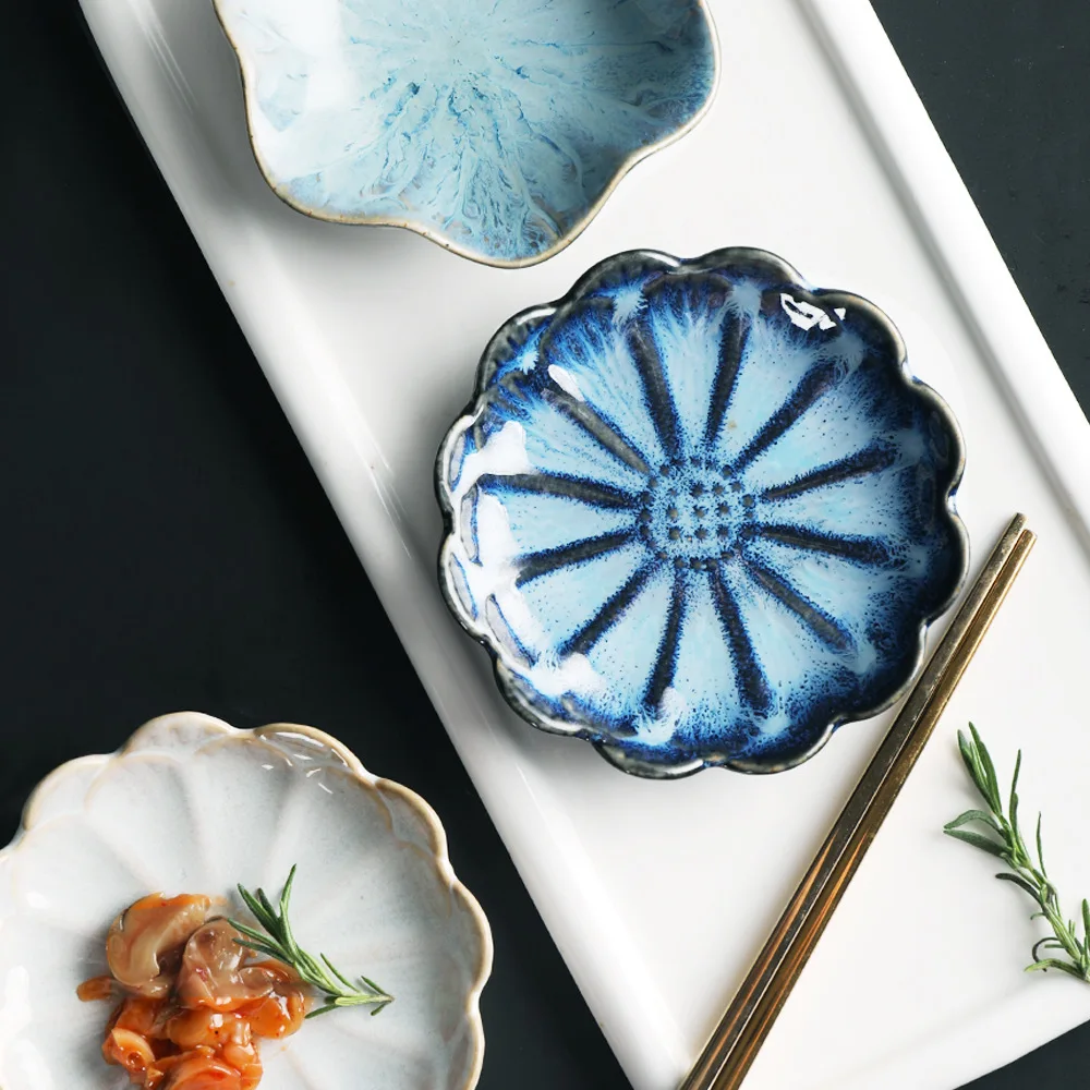

1 Small Porcelain Dip Sauce Plate Porcelain Kiln Glazed Flower Shaped Pickles Japanese Kimchi Dip Dish Serving Bowl