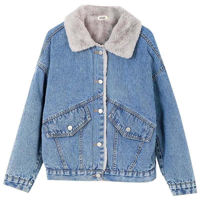 

high quality fur collar embroidered Plush women's denim jacket warm thick 2021 winter new arrival Korean large size M L XL