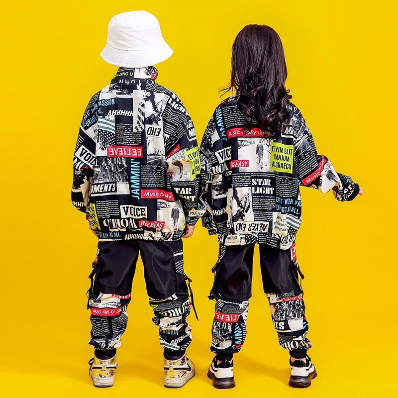

Boy's hip-hop clothes, high collar printed sweatshirt, newspaper shirt, girl's tactical camouflage pants, dance clothes, clothes