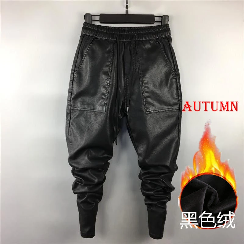 Idopy Men`s Winter Warm Faux Leather Harem Pants Elastic Waist Drawstring PU Joggings Trousers For Male images - 6