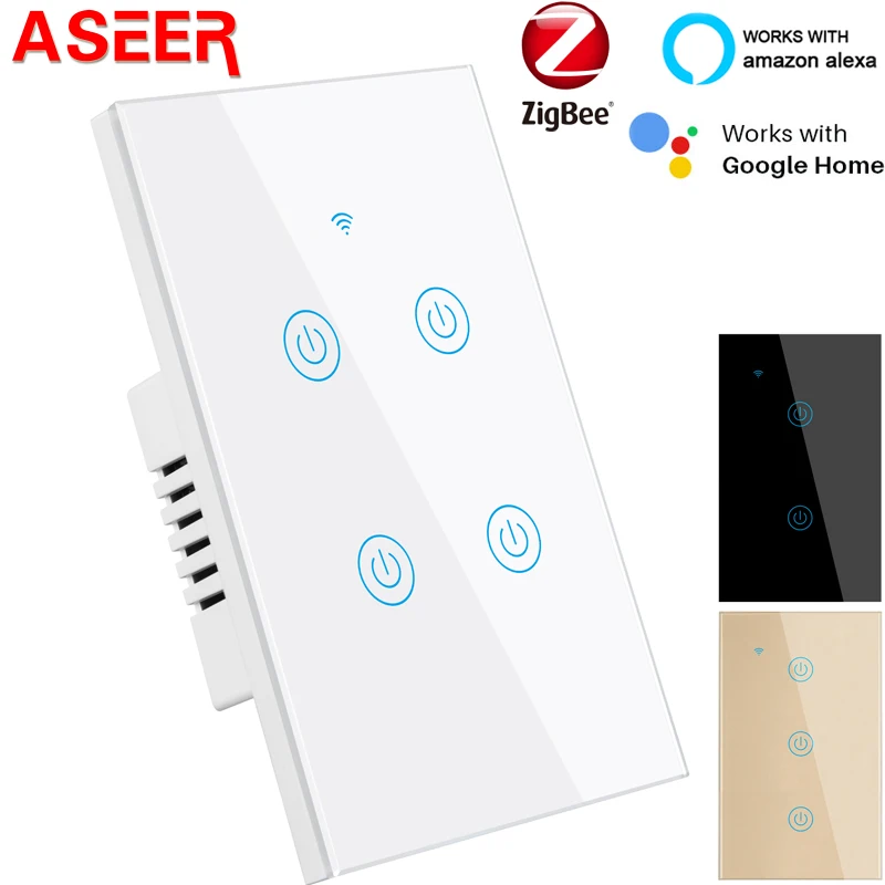 

Смарт-переключатель ASEER Tuya Zigbee со стеклянной панелью 1-2-3-4 стандарт США сенсорный светильник, пульт дистанционного управления с приложением,...