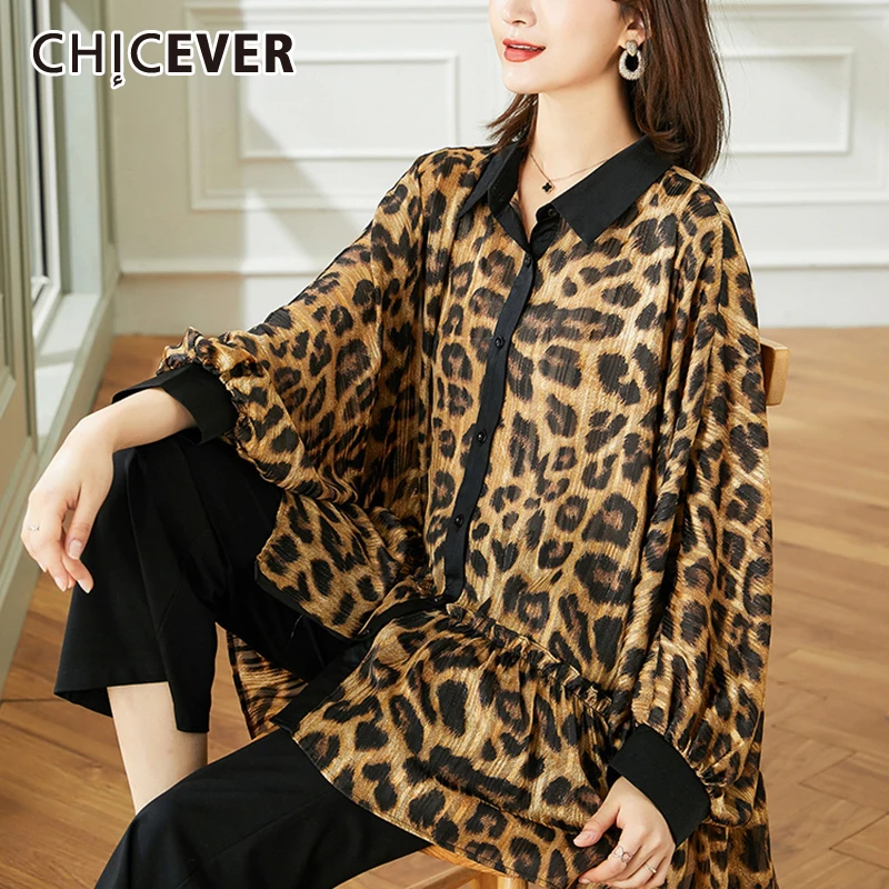 

Шифоновая рубашка CHICEVER для женщин, свободная блузка большого размера с леопардовым принтом, с отложным воротником и длинным рукавом летуча...