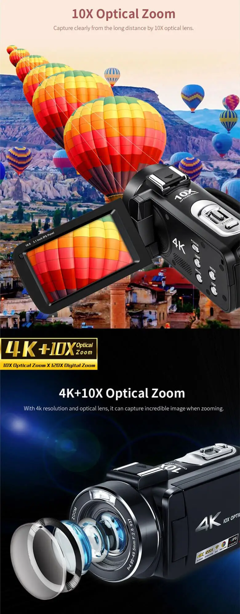 Ordro AC7 4K HD WI-FI 24MP Цифровая видеокамера инфракрасная видео Регистраторы Ночное видение 10xoptical зум ПК для просмотр в режиме реального