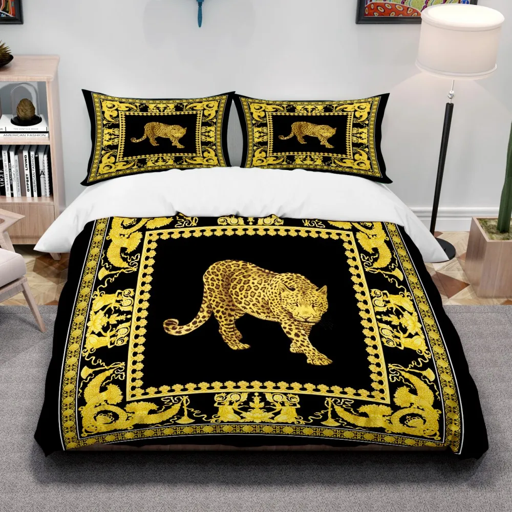 

Gold And Black Baroque Leopard Bedding Set Luxury Duvet Cover Set Adults Gift Bed Linen Pillowcase Full 200x200cm Home Texitle