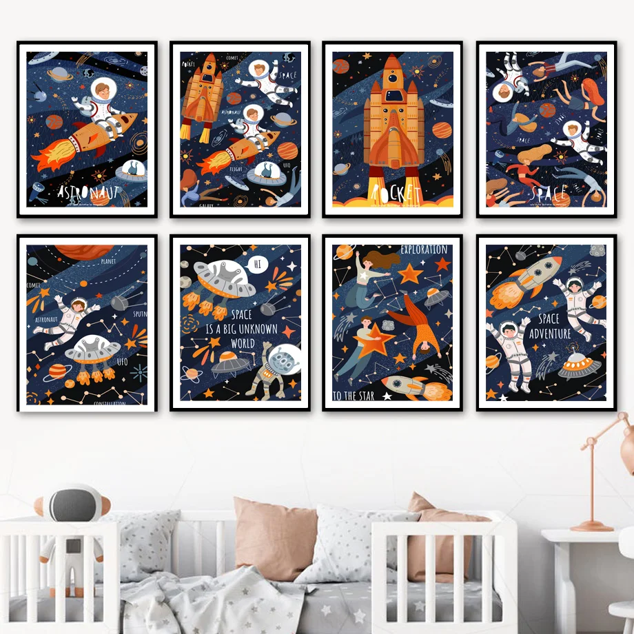 

Space Astronaut Rocket Planet Alien UFO Nursery Wall Art Print Canvas Painting Nordic Poster Wall Pictures Baby Kids Room Decor