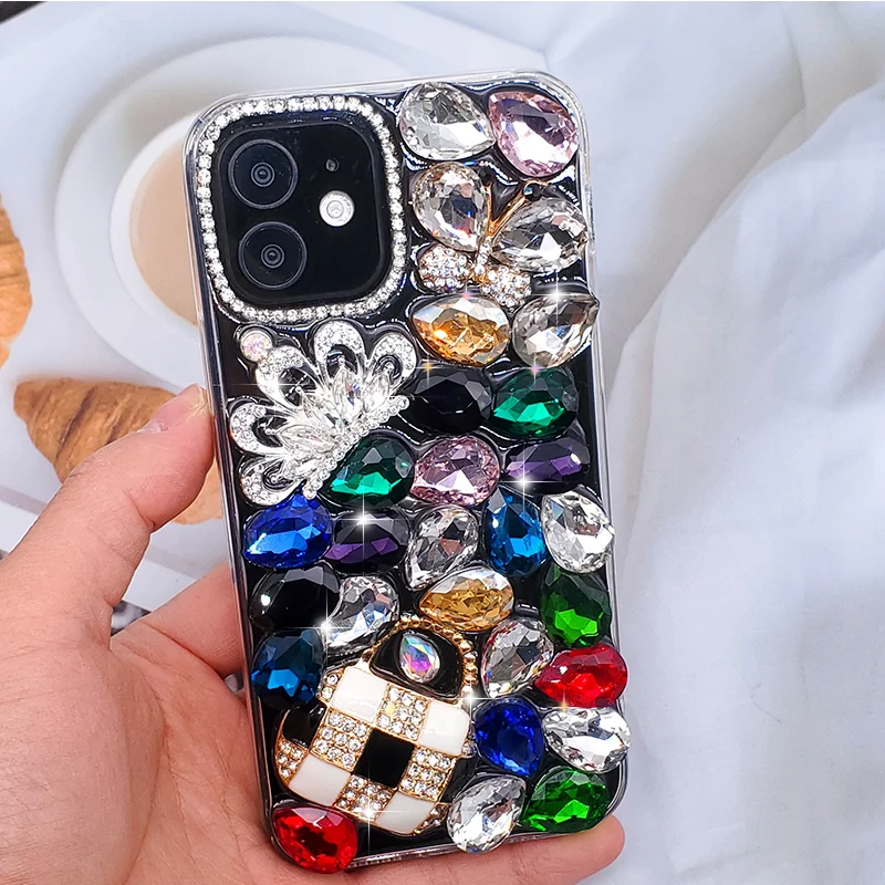 

Luxury Crown Handbag Purse Diamonds Case For iPhone Se 2020 8 11 Xr Xs Max 13 iPhone13 Rhinestones Handmade Silicone Cover Coque
