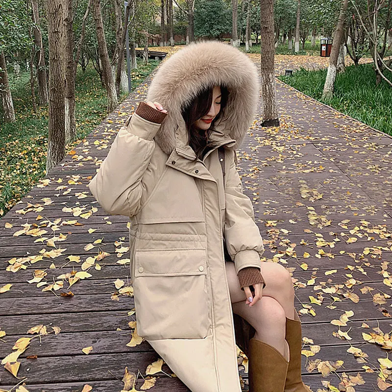 own jacket women's medium and long cotton jacket winter big wool collar hooded long knee thickened warm waist closing jacket