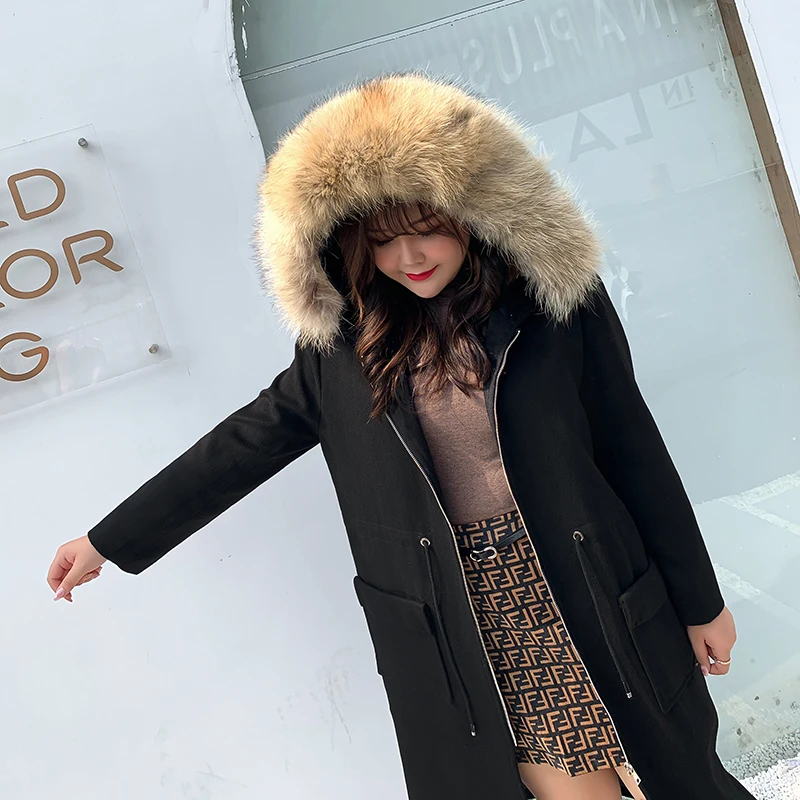 fake-fur-collar Новинка, Женское шерстяное пальто, зима-осень, длинное женское пальто, большие размеры, стандартный европейский размер 6XL 7XL, Тренч с меховым воротником - Цвет: fake-fur-collar