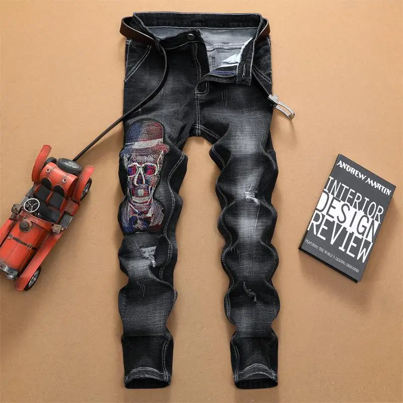 

New Men's Pants Hole Trousers Casual Jeans Patch Spell Color Straight