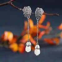 

Sterling Silver Vintage Butterfly Hetian Jade Inlaid Magnolia Lost an Asymmetric Earrings Ancient Style Long Female Earrings