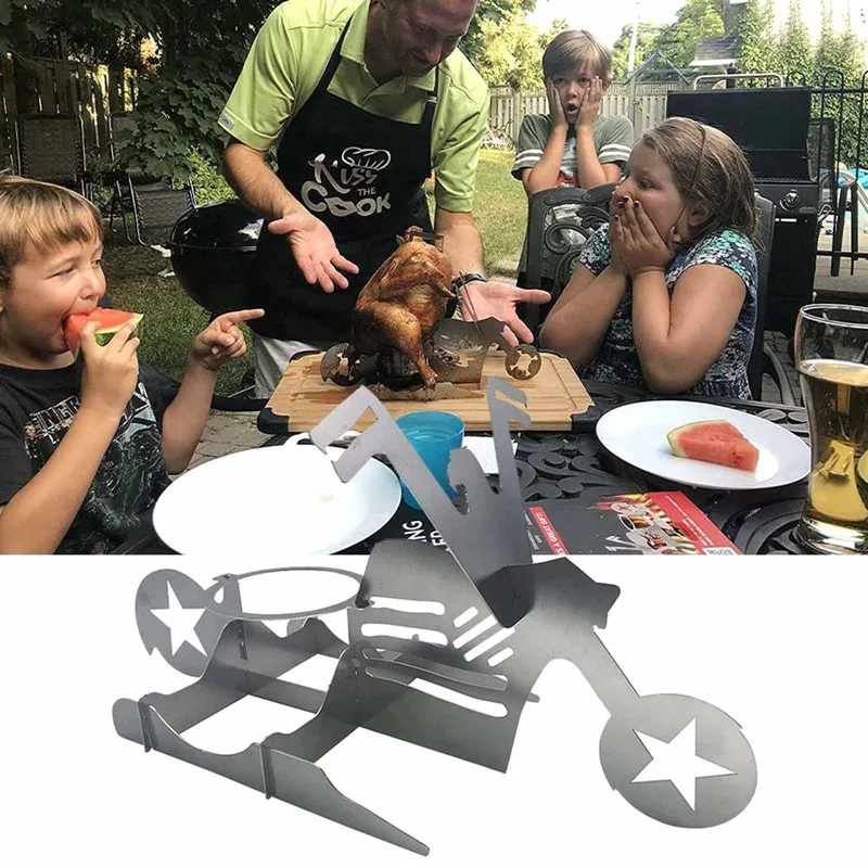 

Portable Chicken Stand Beer American Motorcycle BBQ Stainless Steel Rack With Glasses Indoor Outdoor Use Camping Accesorios