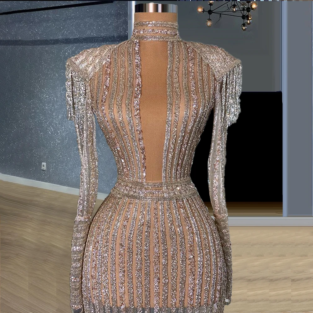 Glitter Long Sleeves Prom Dresses High Neck Tassels Dubai Wedding Party Dress robe anniversaire femme