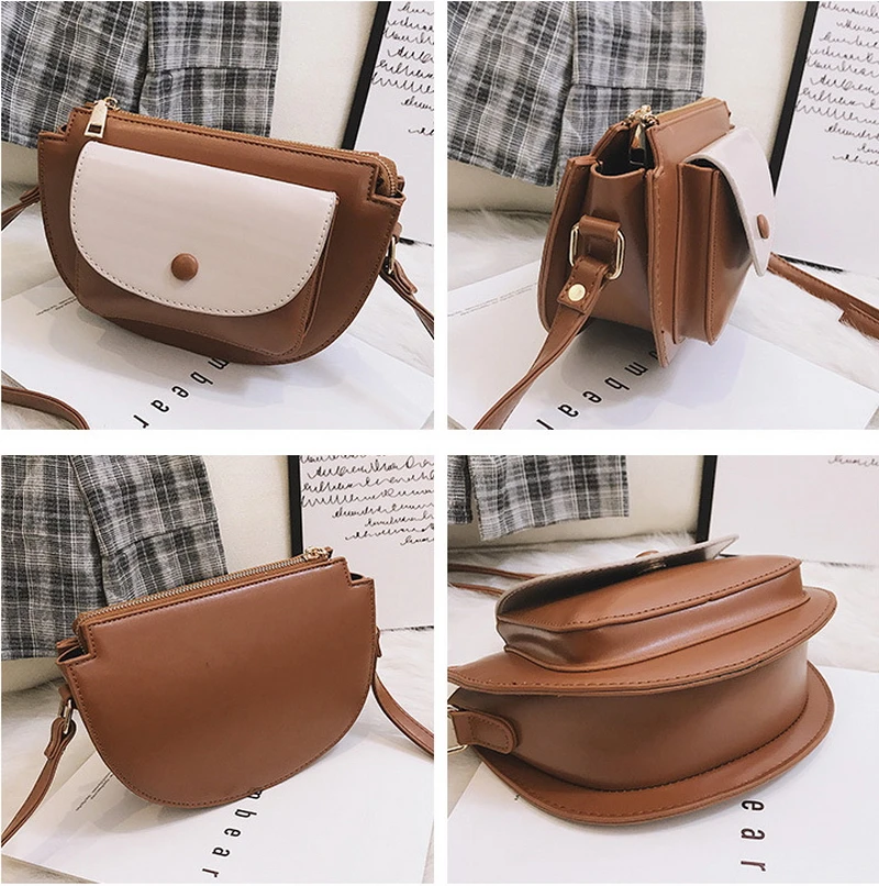 Mododiino Patchwork Saddle Bag Ladies Bag Contrast Color Shoulder Bag Simple Half Moon Women Bag Leather Crossbody Bag DNV1271